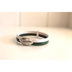 Bracelet Ballon de rugby en cuir vert et blanc plaqué argent