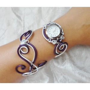 Bracelet montre - Duo d'aluminium argenté prune violet 