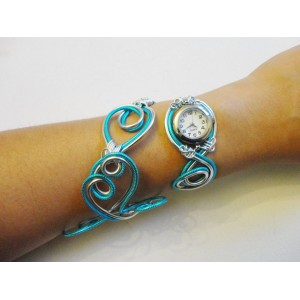 Bracelet montre- Duo d'aluminium bleu Turquoise argent